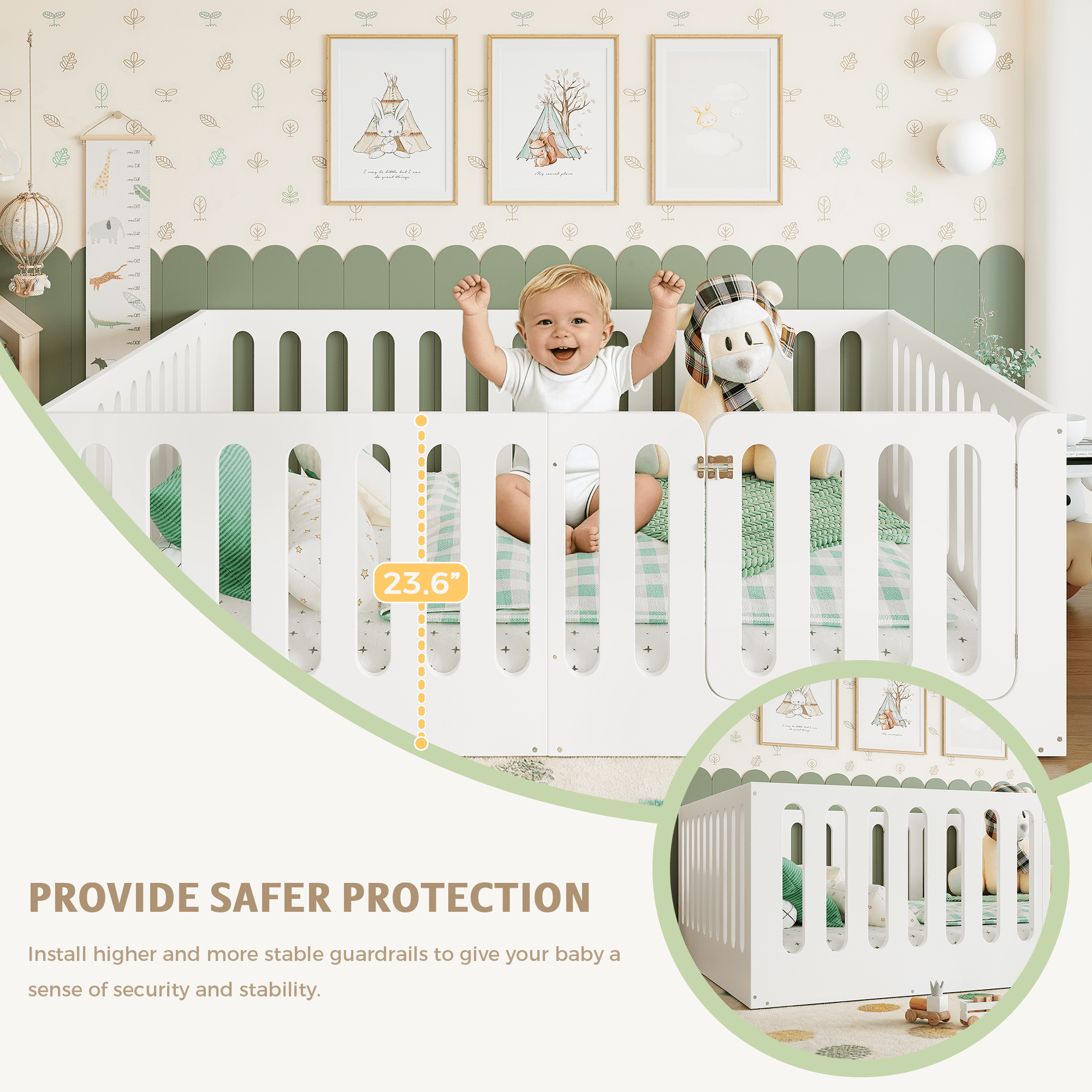 Full Size Floor Bed with High Fence for Kids, Solid Wood Kids Montessori Bed with Door, low-profile and No Box Spring Needed Design, White.(Patent Protection)