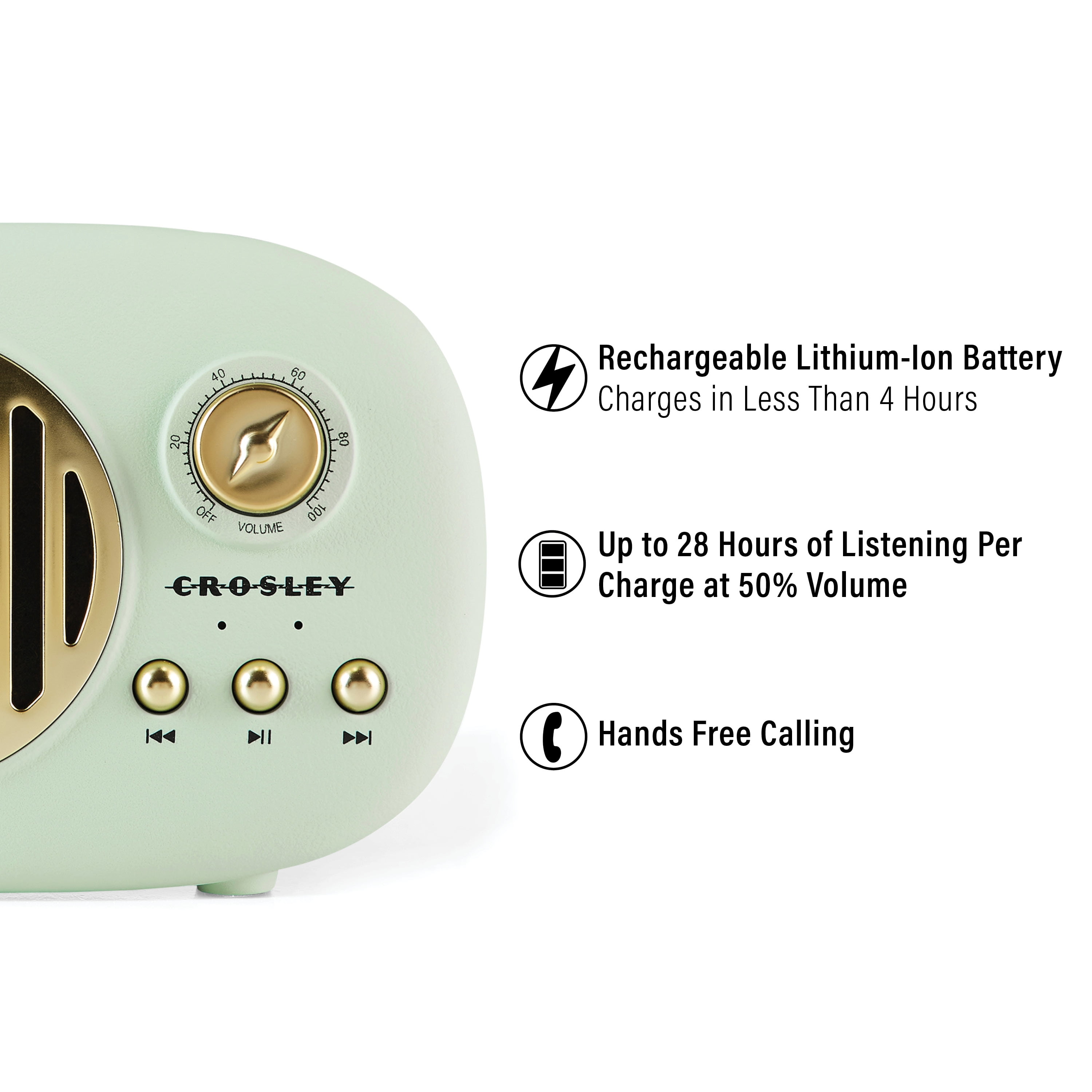 Crosley Piper Retro Portable Bluetooth Speaker with Microphone, Rechargeable, Modern, Vintage
