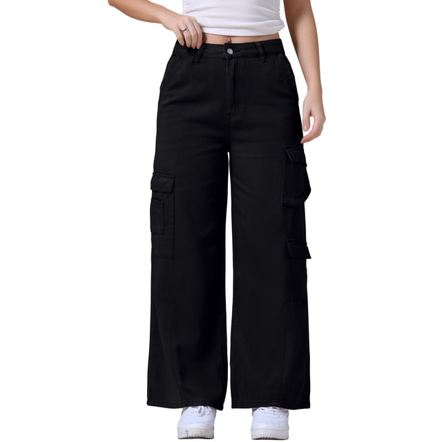 Pantalones de mezclilla cargo para mujer INSPIRE CHIC, de pierna ancha, con múltiples bolsillos, largos, desgastados y holgados, color negro