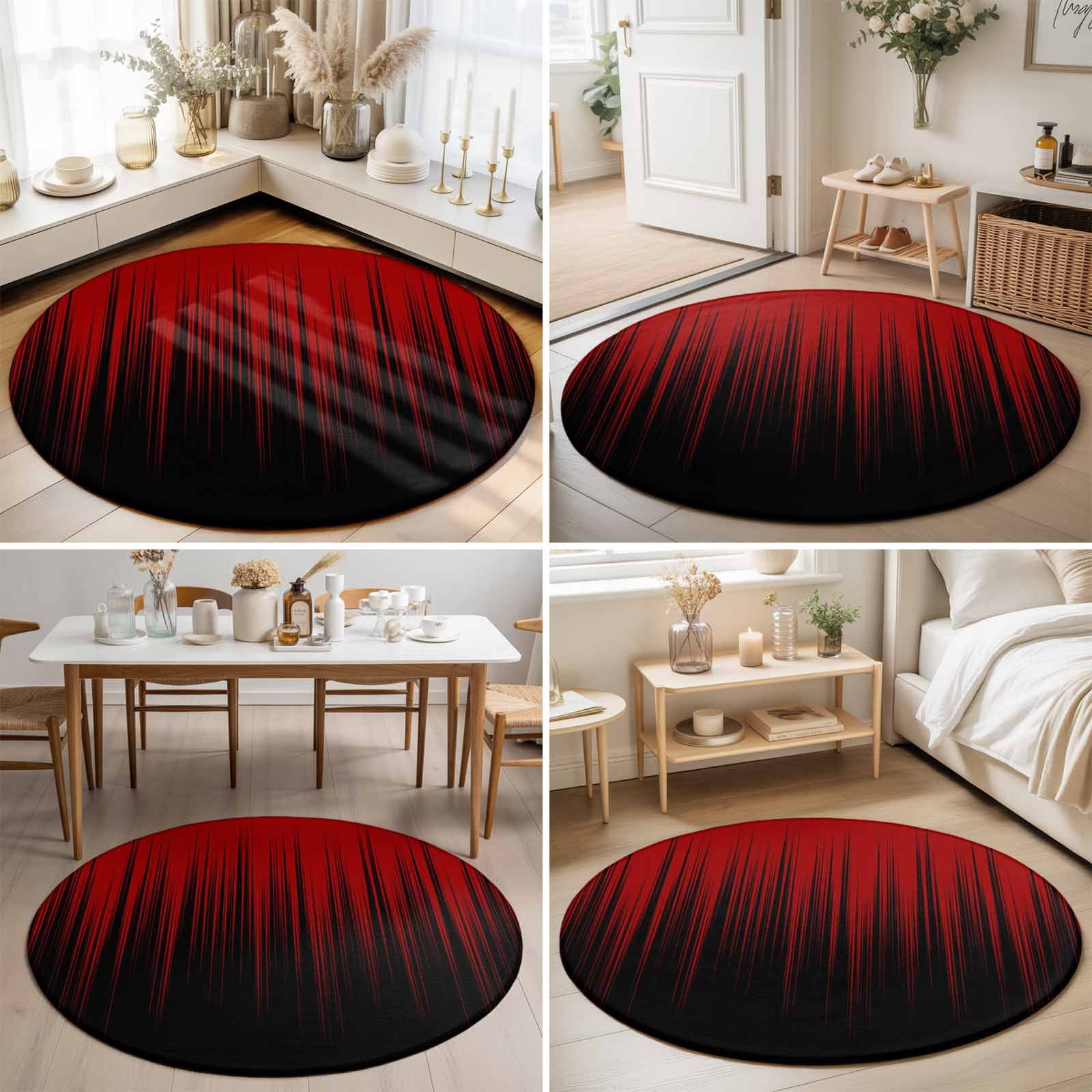 Large Round Rug 8Ft, Dark Red Black Ombre Non-Slip Washable Circle Rugs Carpet, Modern Abstract Art Striped Gradient Indoor Outdoor Rug Floor Mats Throw Runner for Bedroom Living Room Bathroom