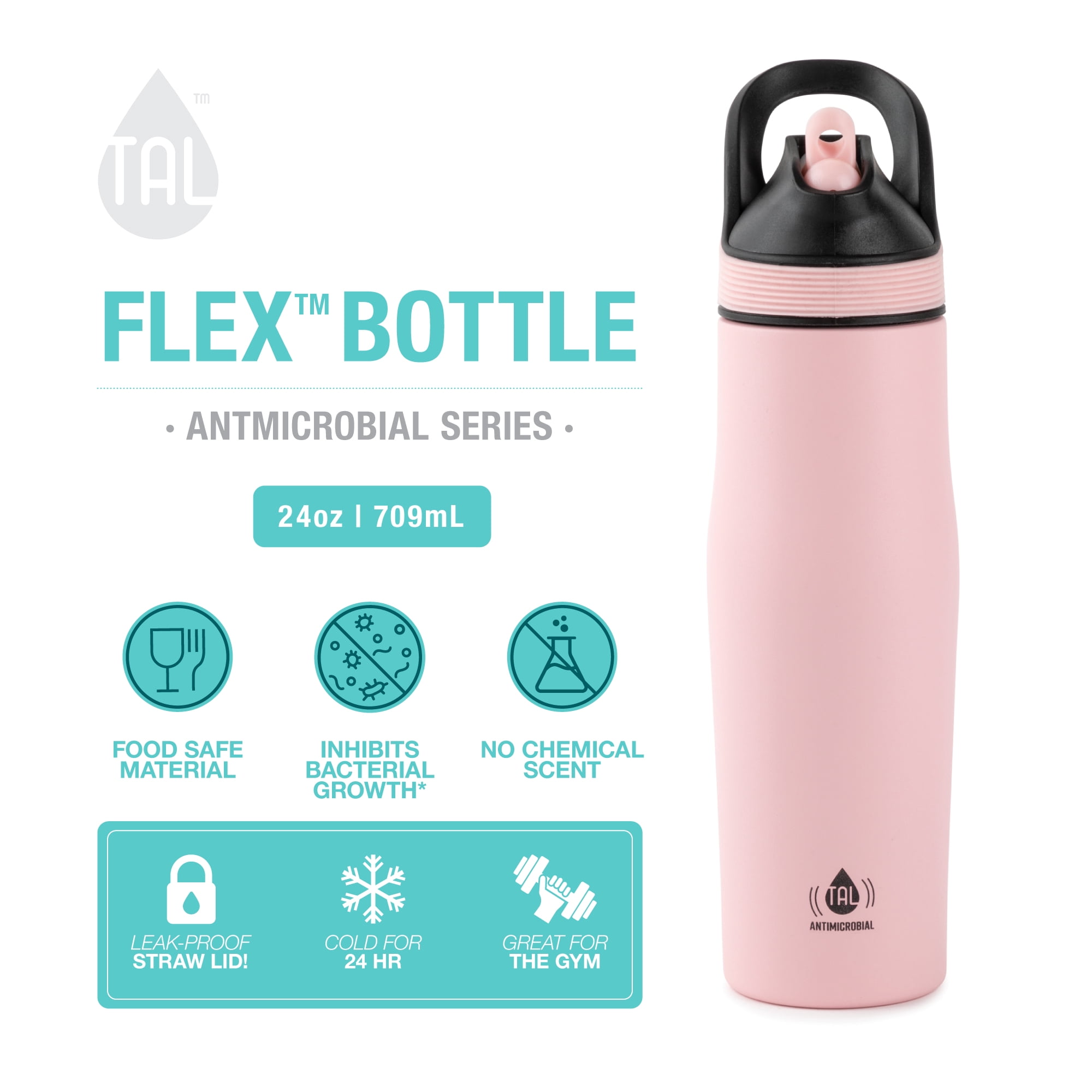 TAL Water Bottle Double Wall Stainless Steel Antimicrobial Flex Bottle 24oz, Pink