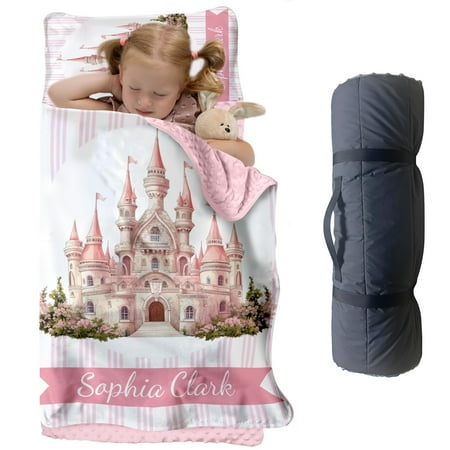 Personalized Pink Castle Bean Velvet Nap Mat for Kids – Soft Toddler Sleeping Mat with Custom Name – Ideal for Daycare Preschool and Travel(Cushions + Pillows22.5 x55 +Blanket size: 33.5 x 45 )