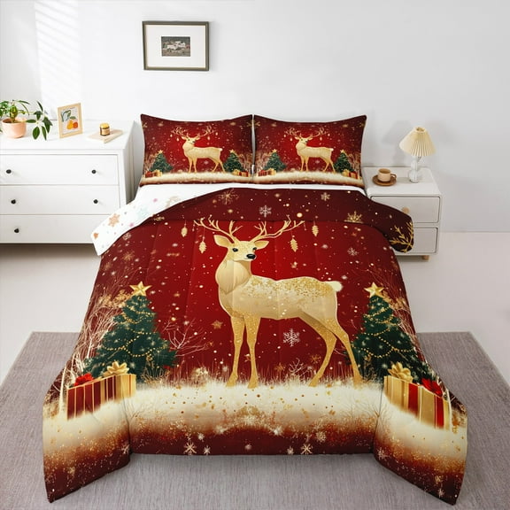 Castle Fairy Teenagers Golden Deer 2pcs Bedding Comforter Set,Festival Xmas Twin Comforter Sets,Sparkling Sequin Breathable Bedding Set,Microfiber Bedroom Decor