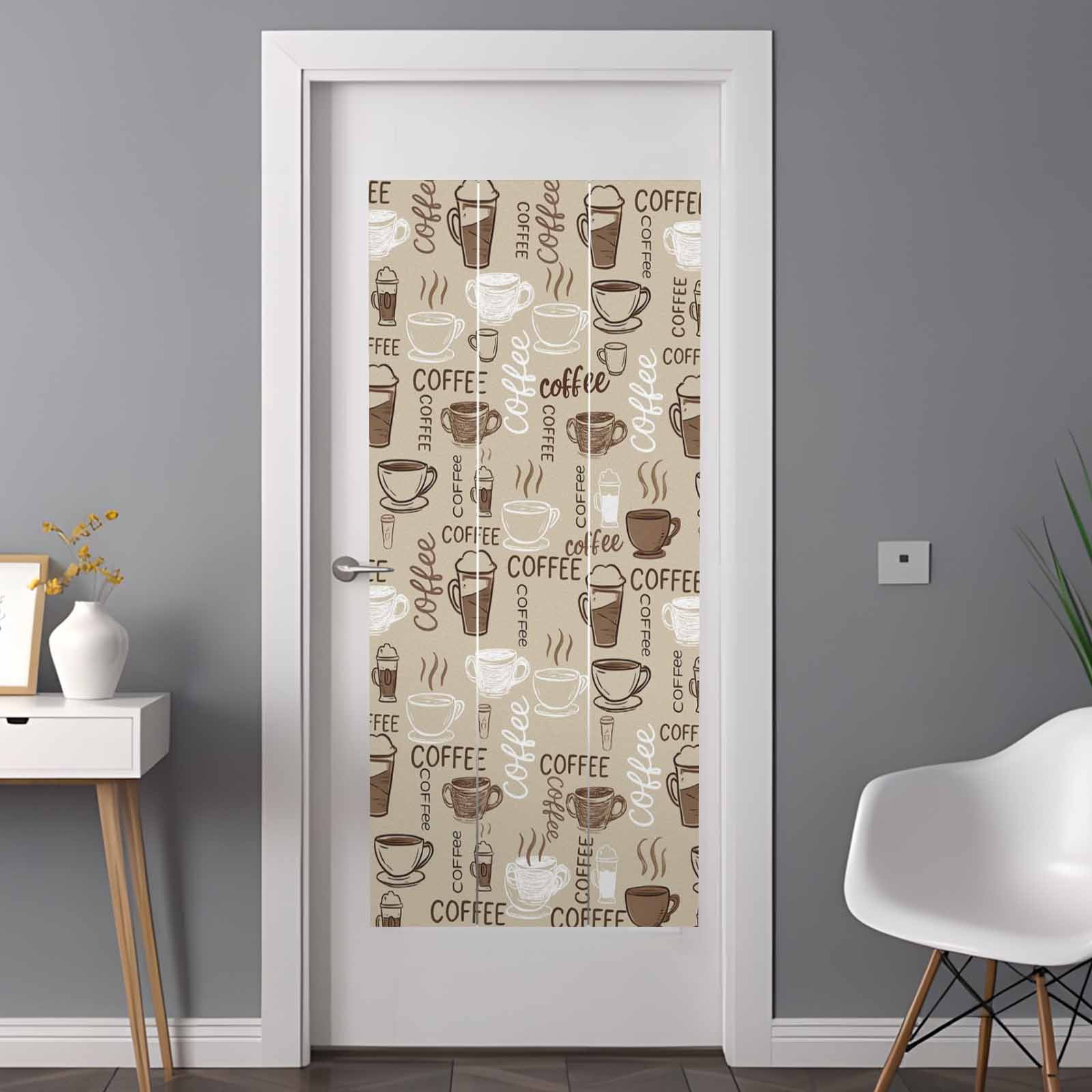 Coffee Window Privacy Film, Beige Farmhouse Retro Beans Latte Tea Cup Funny Static Cling UV Sun Blocking Heat Control Window Tint, Non-Adhesive One Way Windows Privacy Cover 35.4''x78.7''