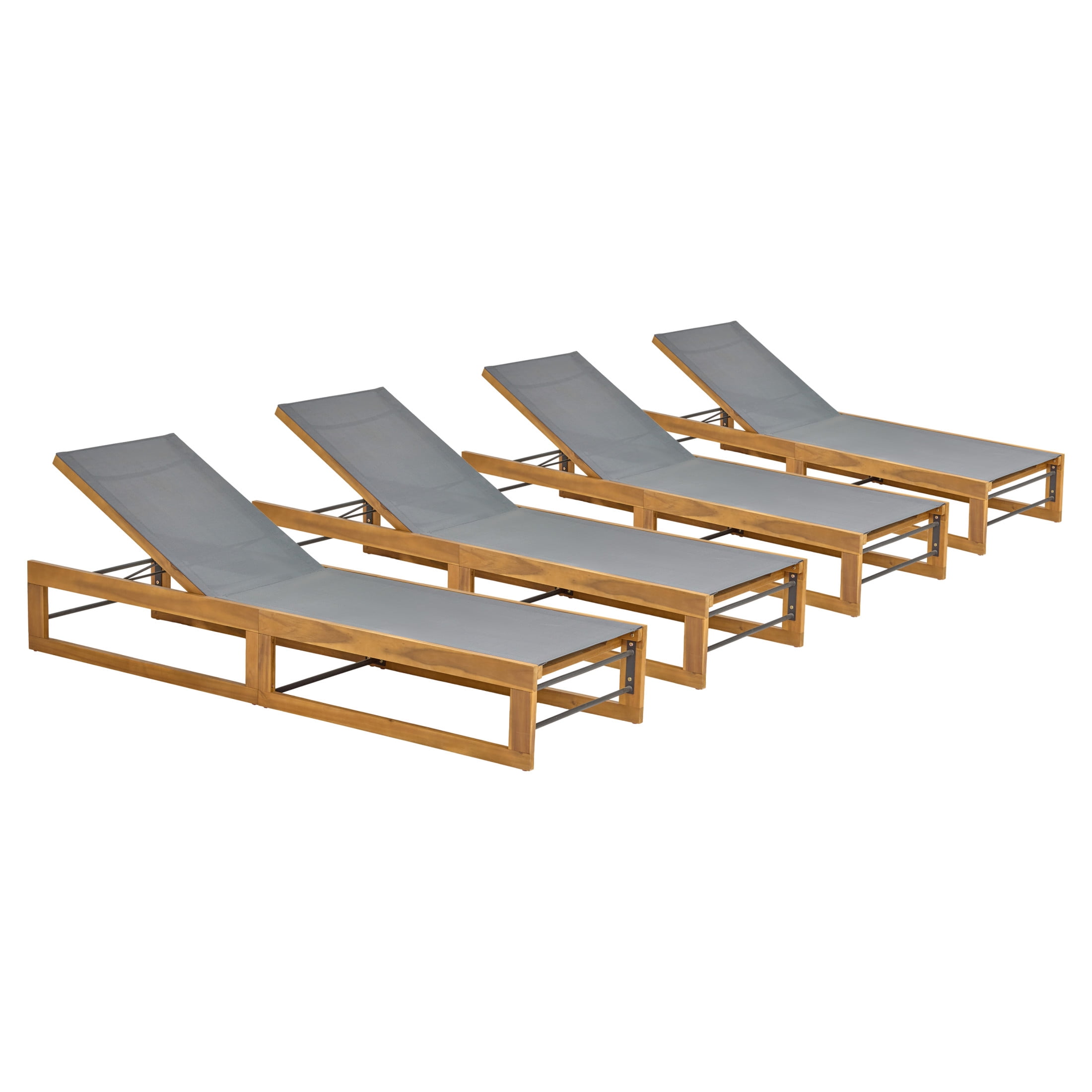 Christopher Knight Home Outdoor Acacia Wood Adjustable Chaise Lounge with Mesh Seat, Teak+Dark Gray, Set of 4