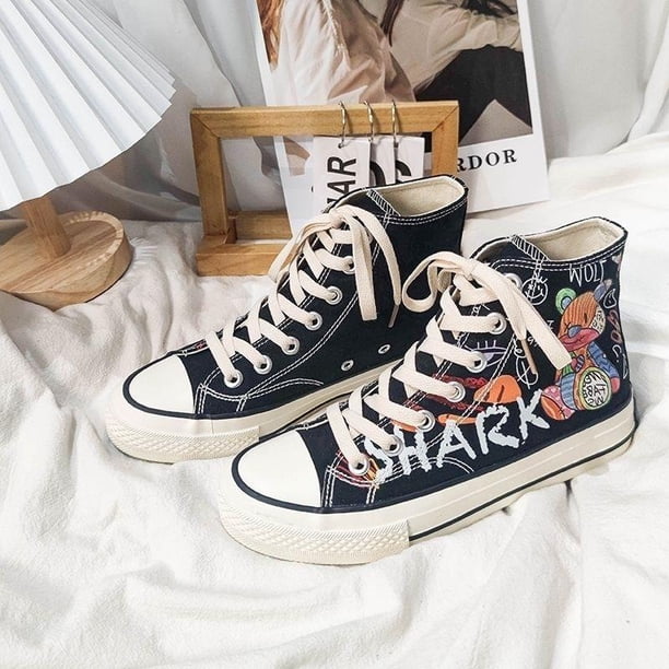 Zapatos de tacón plano de hip-hop pintados a mano, zapatos de lona con estampado de cómics en el campus, correas altas de moda para primavera y verano, bonitos grafitis