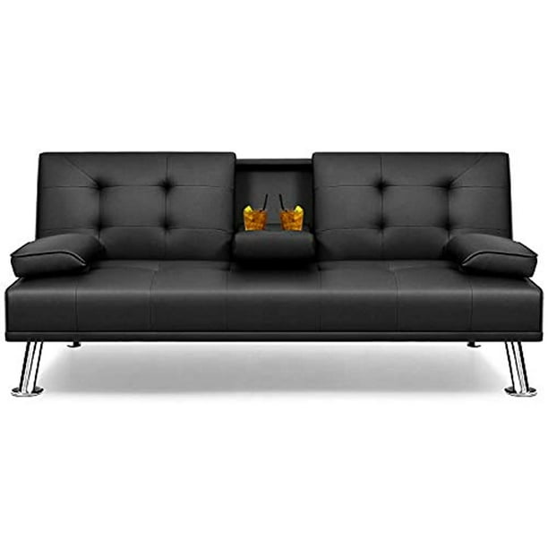 Flamaker Futon Sofa Bed Modern Faux Leather Couch Convertible Folding Recliner Lounge For Living Room With 2 Cup Holders Armrest Com Flamaker Futon Sofa Bed Modern Faux, Modern Tufted Bonded Leather Sleeper Futon Sofa With Nailhead Trim