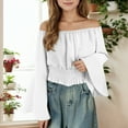 thumbnail image 2 of DHFJKG Girls Long Sleeve Shirts Off-Shoulder Solid Color Flares Sleve Elastic Waist Casual Crop Top Versatile Tops, 2 of 4