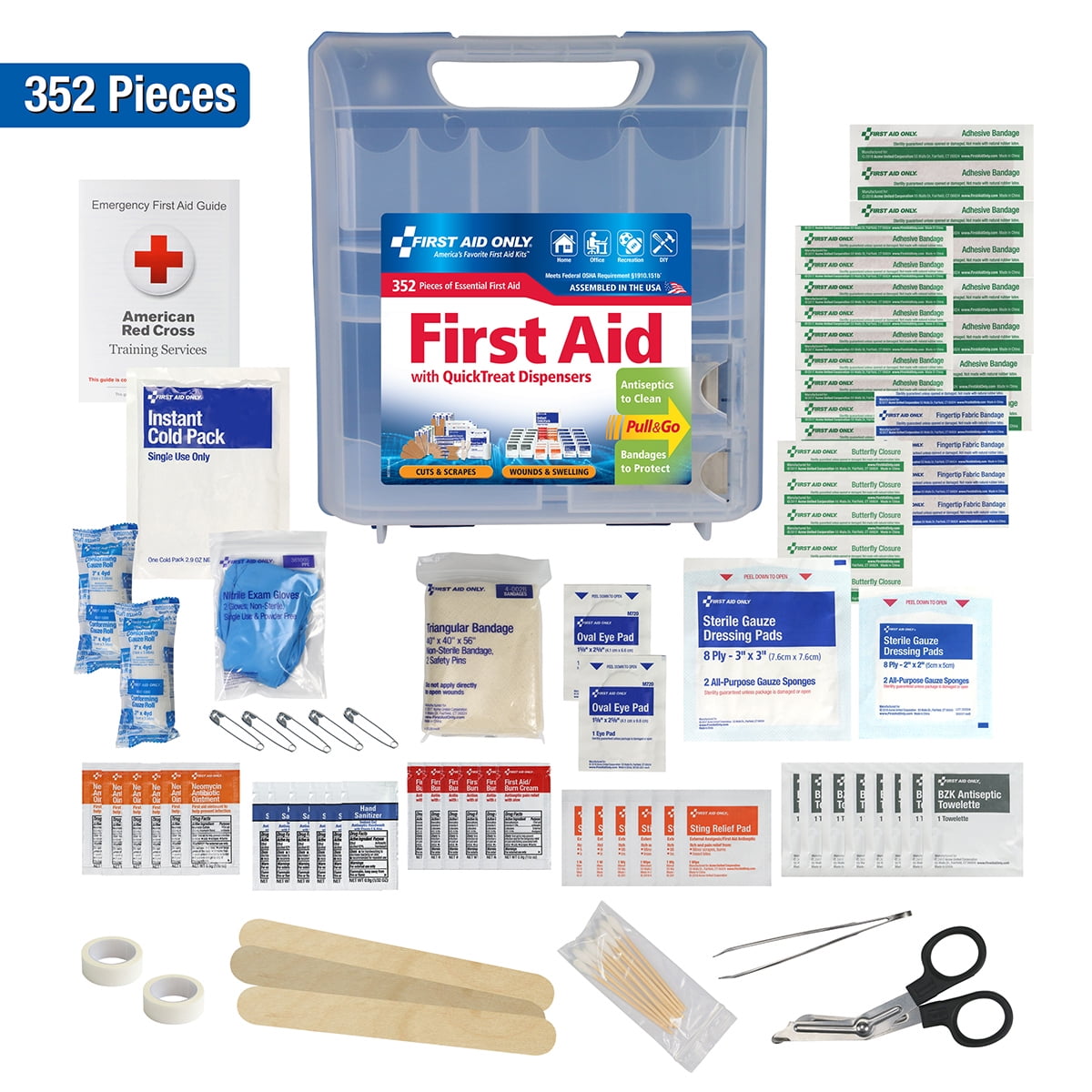 First Aid Only 352-Piece QuickTreat Dispenser Emergency First Aid Kit for Home, Work & Travel