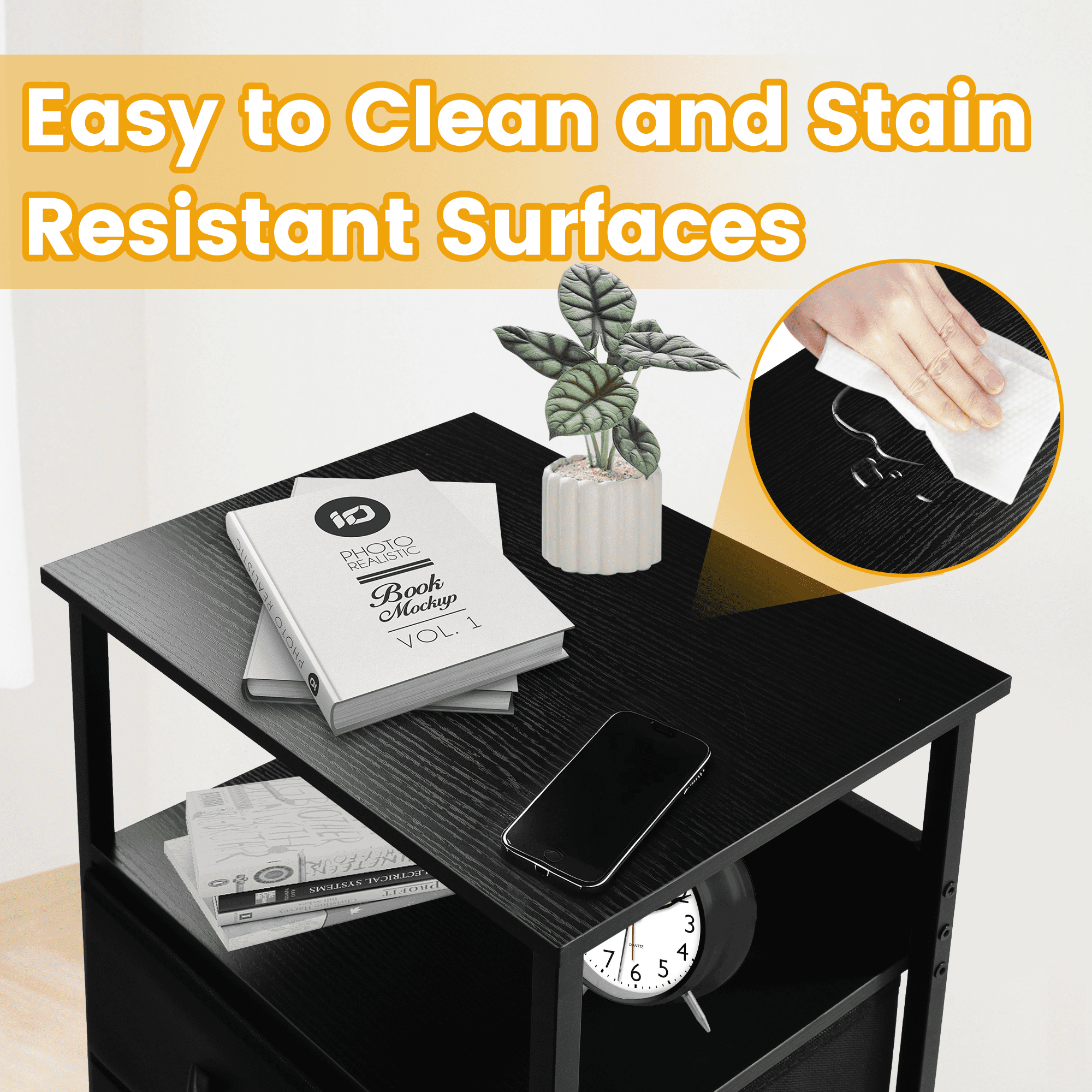 OUTMASTER Black Nightstand with 2 Drawers,Sturdy Bedside Table for Bedroom,Classic Bedroom Side Table