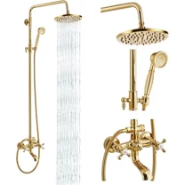 Bathroom Gold Rainfall Shower Faucet Set Tub Spout Mixer Tap W/Hand Shower