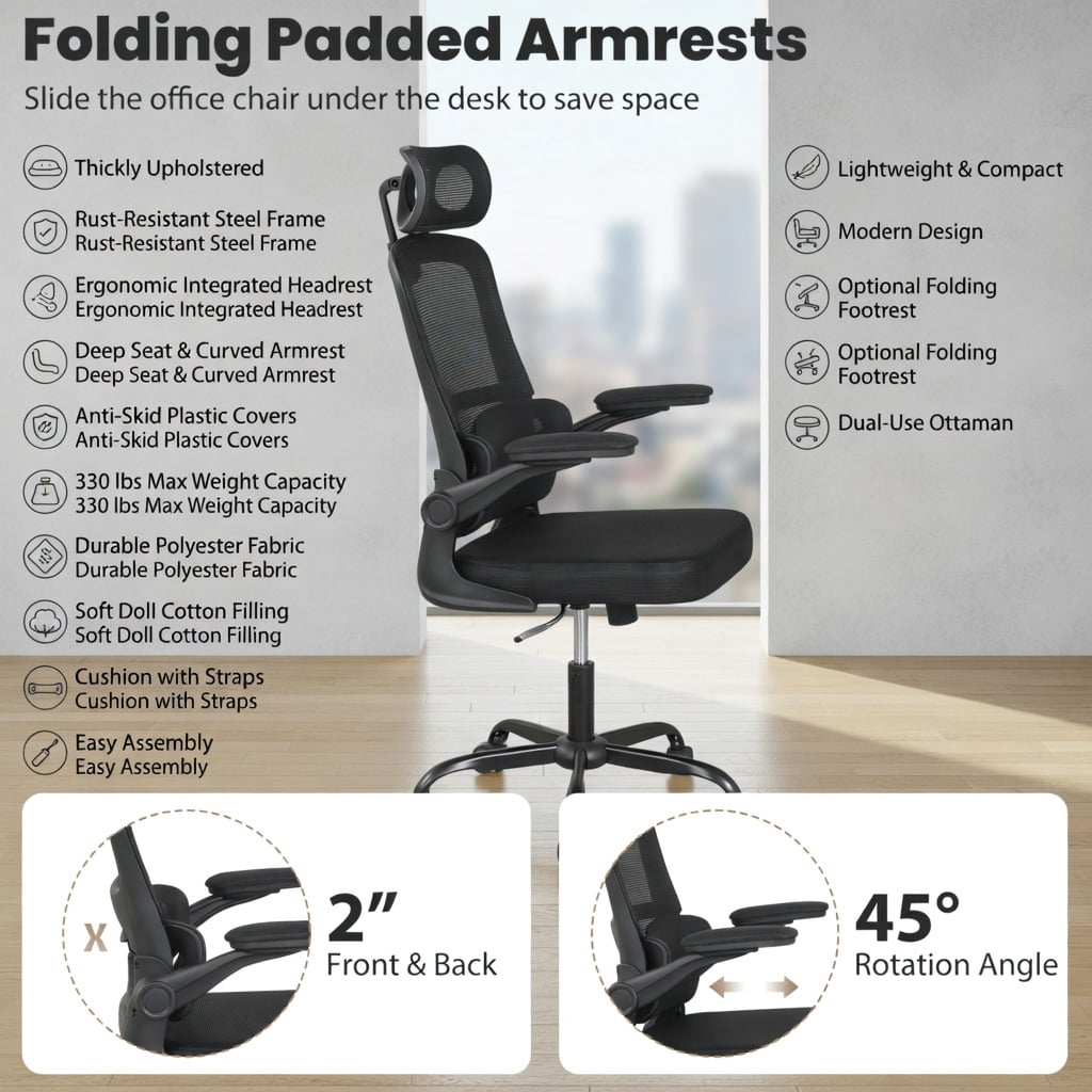 Demi Bonn Mesh Office Chair with Adaptive Lumbar Support Flip-up Armrests, Reclining Backrest, Rolling Work Computer Desk Chair, Black
