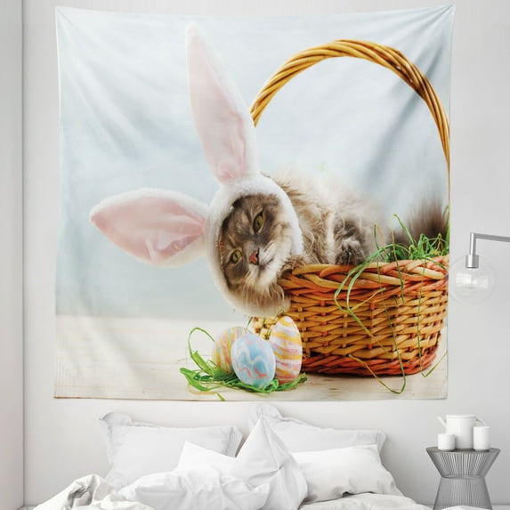 Easter Bunny Tapestry, Fluffy Cat with Pink Rabbit Ears in Easter Basket with Dyed Eggs, Fabric Wall Hanging Decor for Bedroom Living Room Dorm, 5 Sizes, Multicolor, by Ambesonne