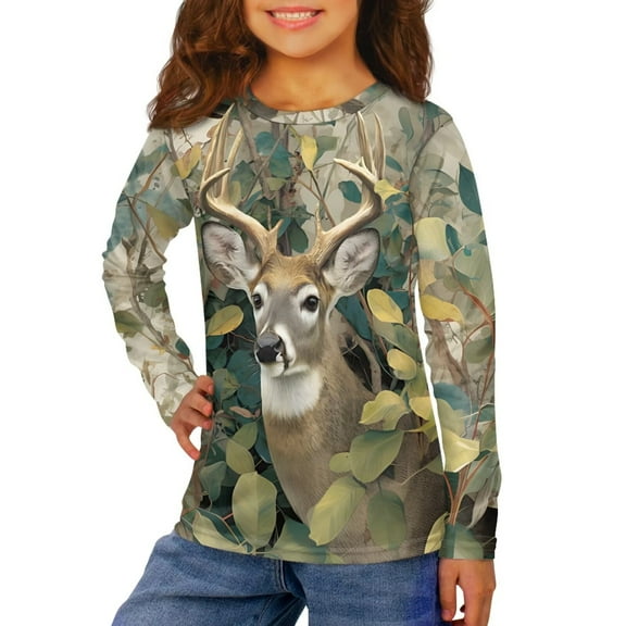 Garronmavis Deer Girls Long Sleeve T-Shirts 3-4 Soft Green Camo Casual Crewneck Loose Fit Tee Tops for Girls Warm Kids Basic Soft Long Sleeve Tees Top for Outdoor Activities