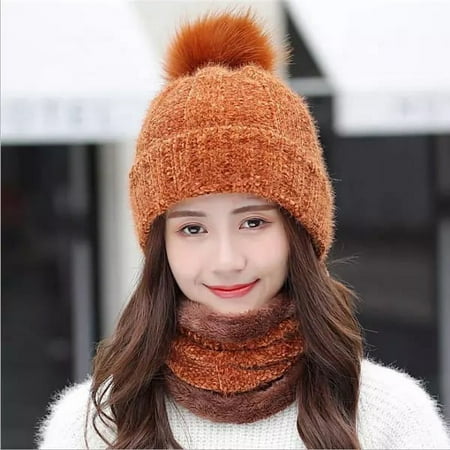 Women Beanies Hat And Scarf Set Caramel Color