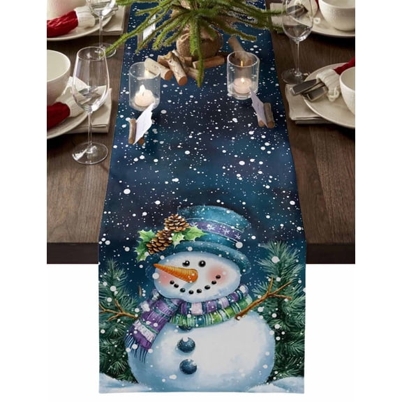 ERUNPONLY Navy Blue Snowman Christmas Table Runner - 60 Inch Long Green Tree Xmas Snowflake Cotton and Linen Blended Dress Scarves Farmhouse Table Runner for Kitchen Dining, Coffee Table, 13" x 60"