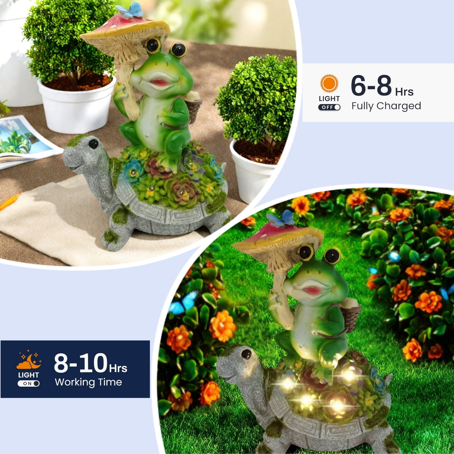 Outdoor Decor Turtle Solar Garden Statue, Frog Sit on Tortoise Holding Mushroom Sculpture