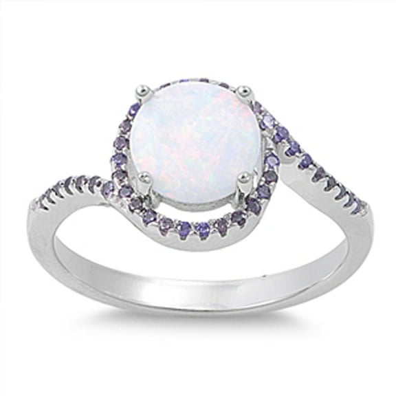 White Simulated Opal Halo Simulated Amethyst Promise Ring .925 Sterling Silver Purple CZ Female Size 10