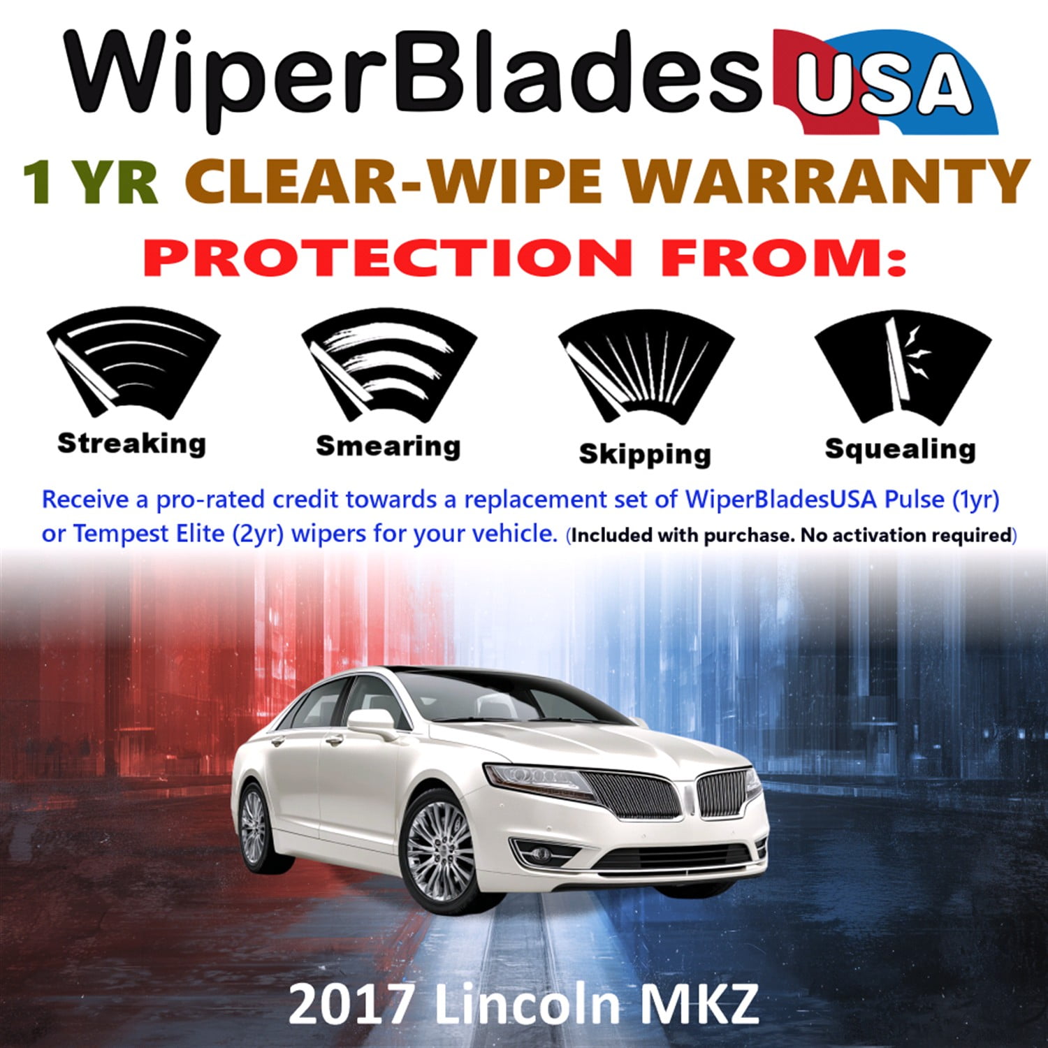 2017 Lincoln MKZ Beam Wiper Blades Wipers w/1yr Warranty (Set of 2) (WiperBladesUSA)