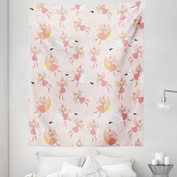 Pink Tapestry, Pattern with Flying Fairies Setting on Moon Riding Swan Stick, Fabric Wall Hanging Decor for Bedroom Living Room Dorm, 5 Sizes, Rose Earth Yellow Pink, by Ambesonne