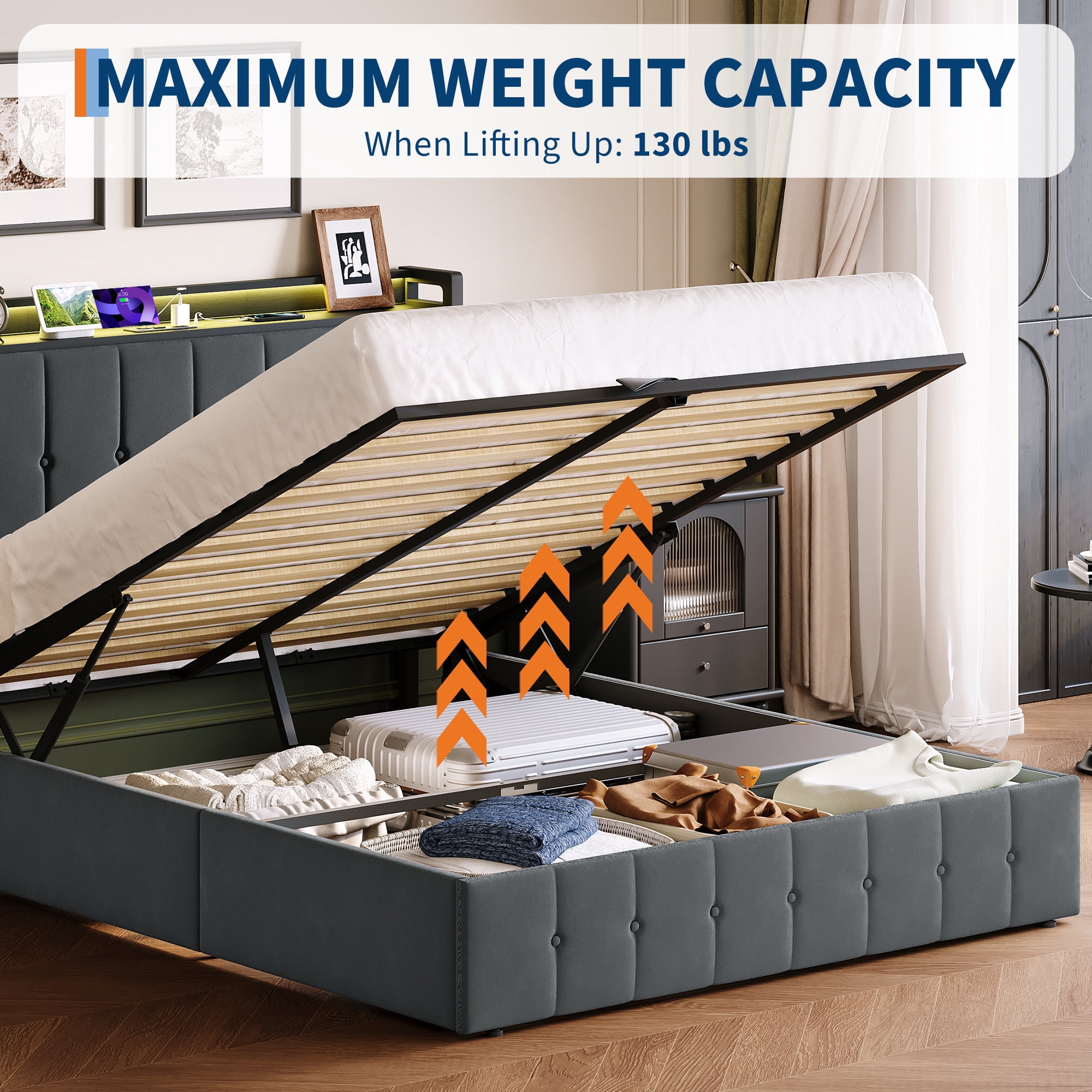 Queen Size Lift Up Storage Bed Frame,Upholstered Platform Bed with Storage Headboard,Hydrualic Underneath Storage,Charging StationNo Box Spring Needed,Easy Assembly