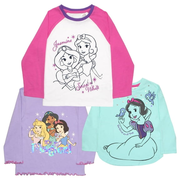 Disney Princess and Minnie Mouse Long Sleeve Tees 3 Pack, Princesses Minnie Mouse Long Sleeve T-Shirt 3-Pack Bundle Set for Girls (Size 2T-7)