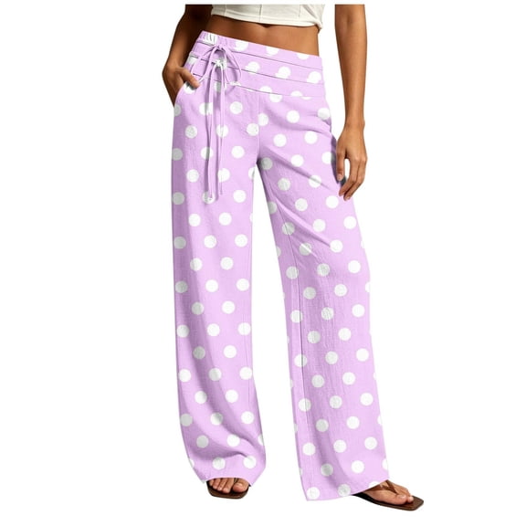 Ruimatai Women's High Waist Wide Leg Pants Polka Dot Drawstring Pocket Loose Casual Full Length Trousers