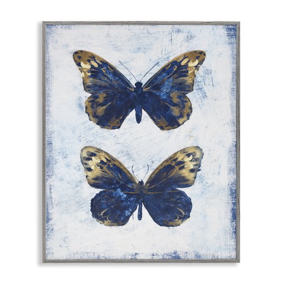 Stupell Industries Gold & Blue Butterfly Animals Painting Gray Framed Art Print Wall Art, 24 x 30