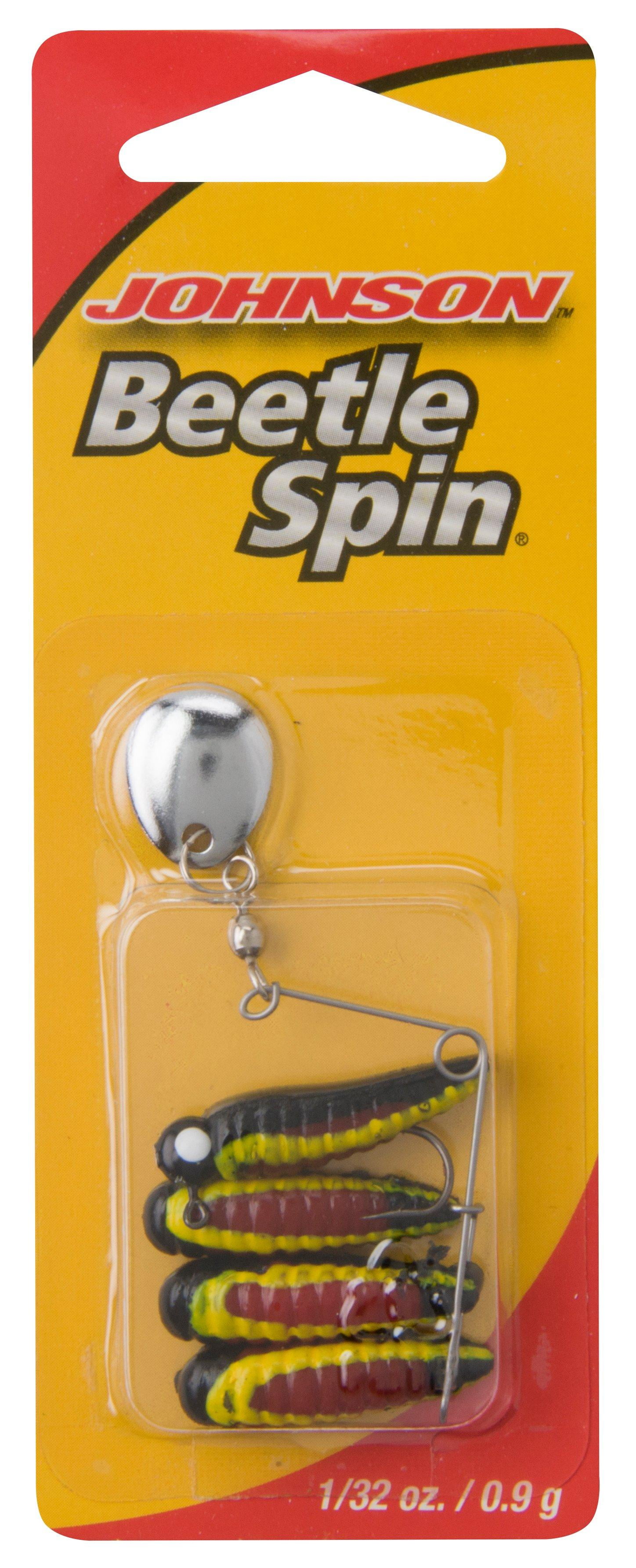(2 pack) Johnson Original Beetle Spin Fishing Lure, Black Yellow Stripe/Red Belly, 1 in