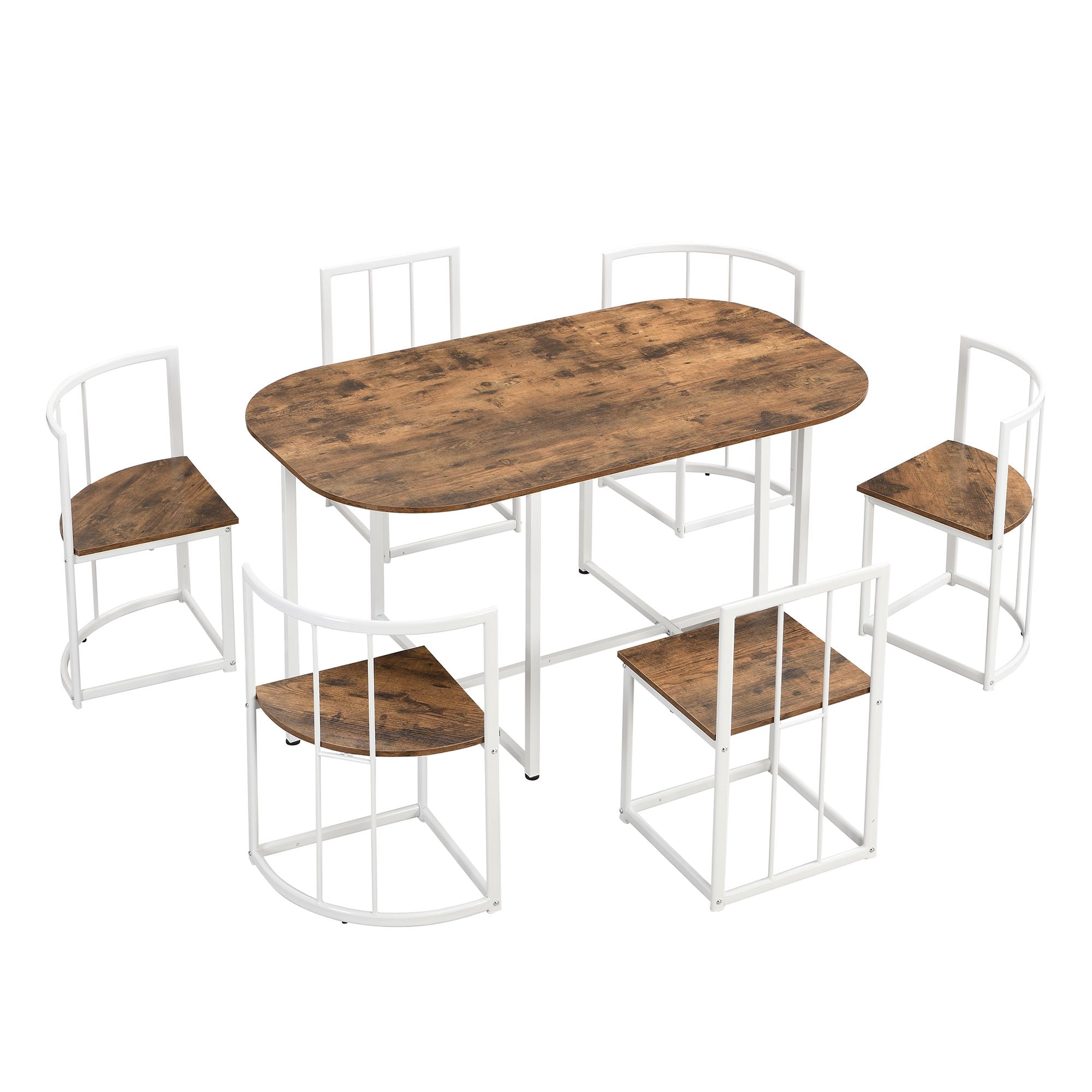 Aukfa 7 Piece Dining Table Set for 6, 55" Faux Marble Dinning Room Table with 6 Chairs, Metal Frame, Brown