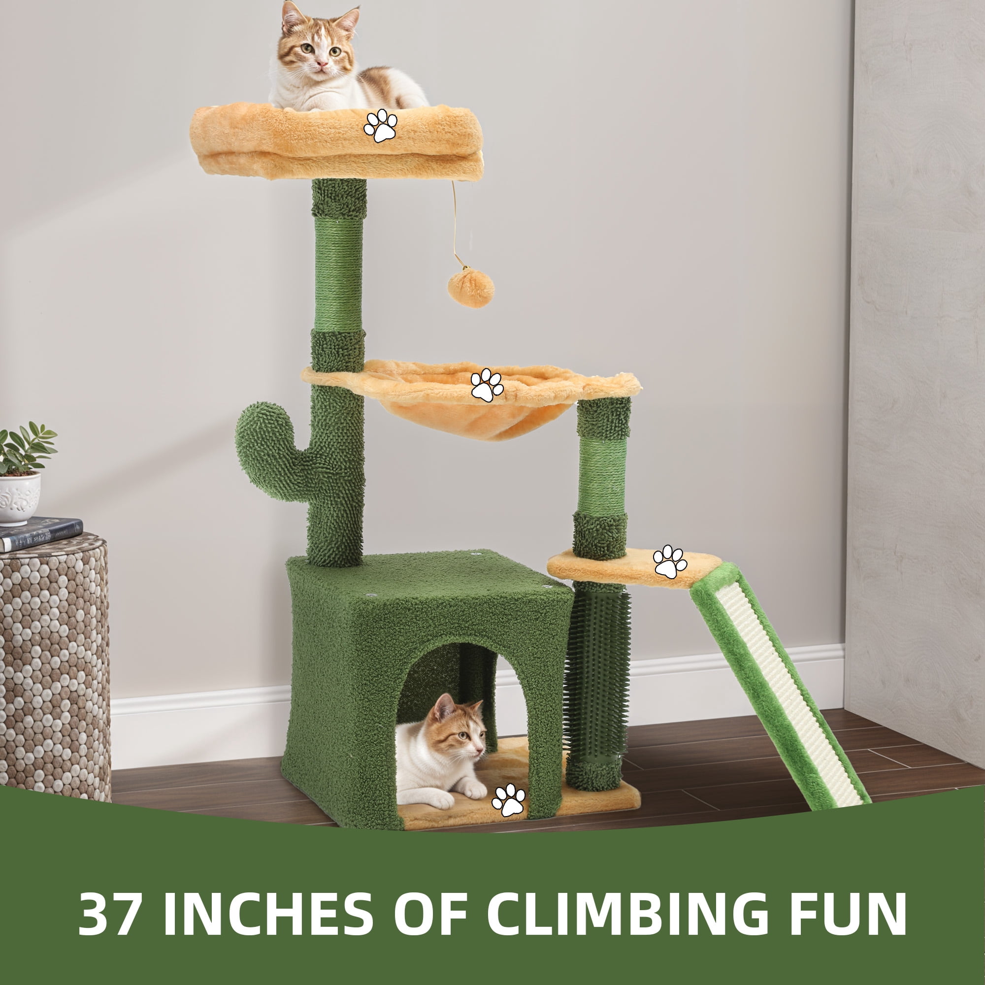 Uforic 37" Cactus Cat Tree Tower with Sisal Scratching Posts, Cat Climbing Tower for Indoor Cats with Cat Condo & Hammock,  Green&Yellow