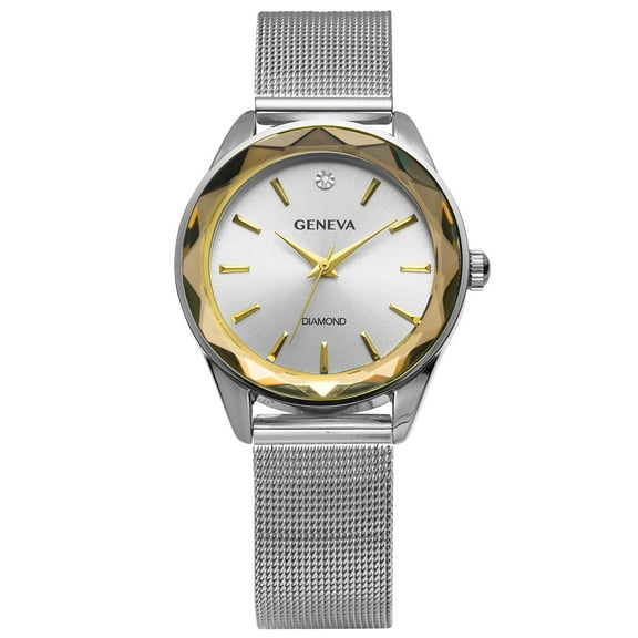 Geneva Ladies Silver Tone Tone 34mm Genuine Diamond Faceted Bezel Adjustable Mesh Watch