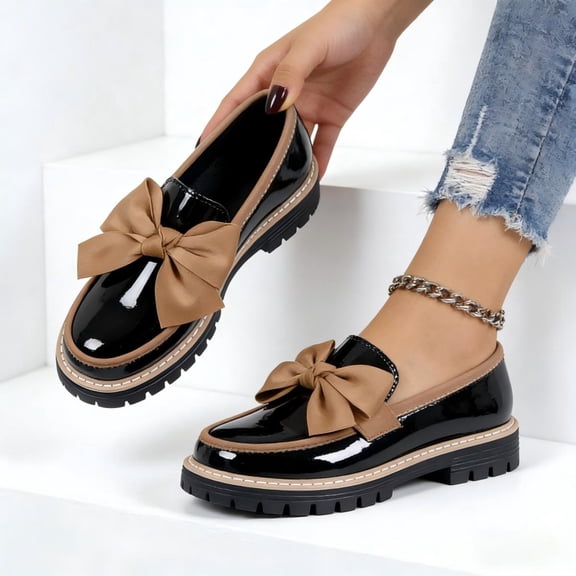 Women Patent Leather Round Toe Loafers, Bow Accent Chunky Heel Platform Casual Shoes