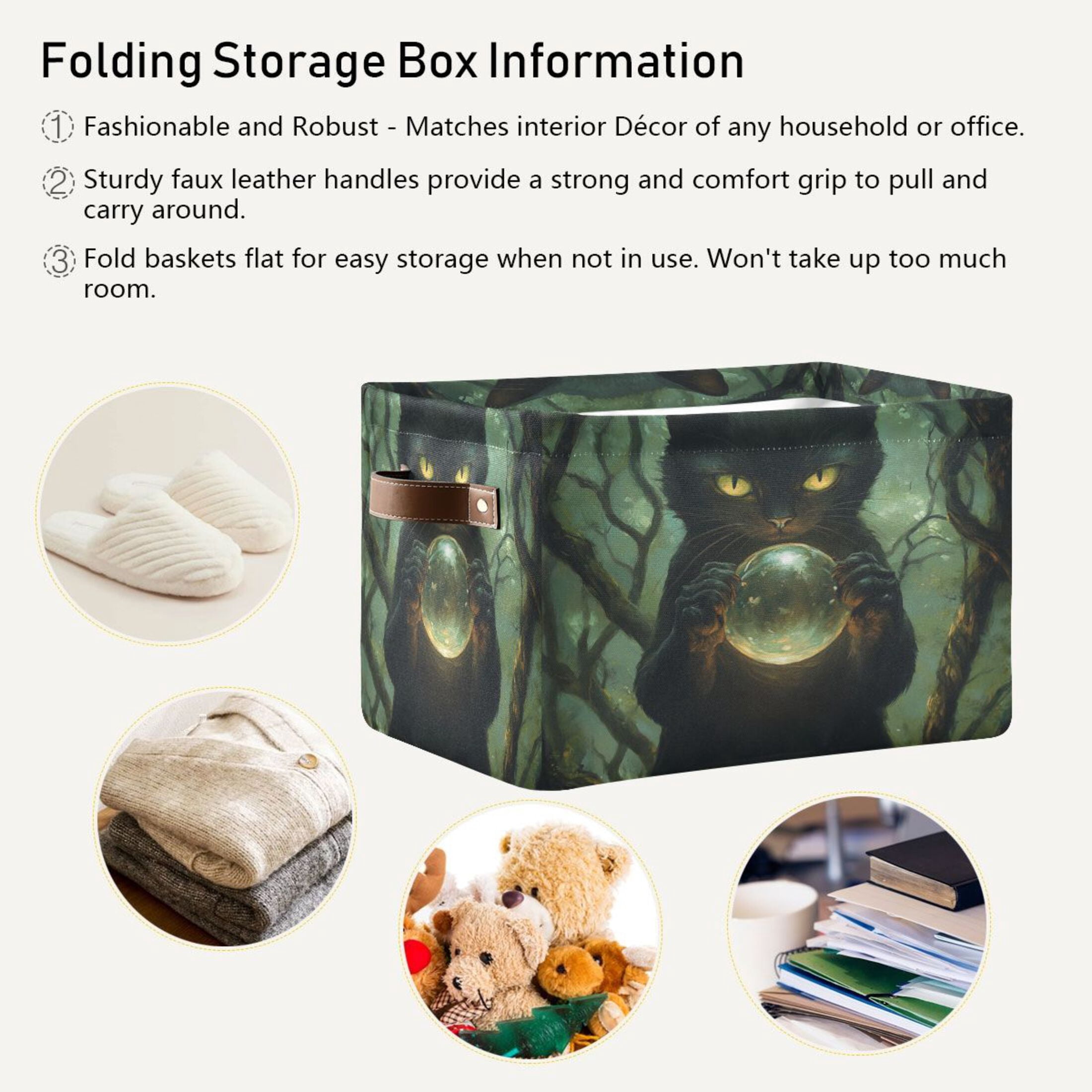 WOBOGO Black Cat Magic Ball Square Storage Basket with Waterproof Canvas and PE Lining Durable PU Leather Handles 14.2×10.2×8.3in