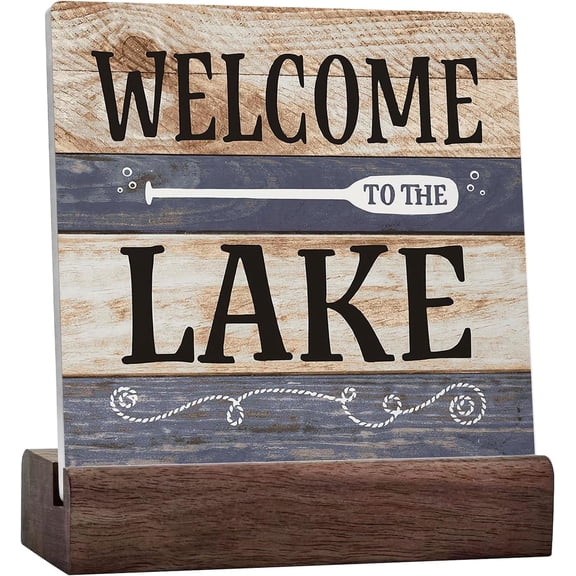 Welcome To The Lake Ceramic Table Sign Decor,Lake Lover Gifts,Lake Life Gifts,Rustic Lake Themed Ceramic Desksign For Home Lake House Wall Tabletop Desk Decorations