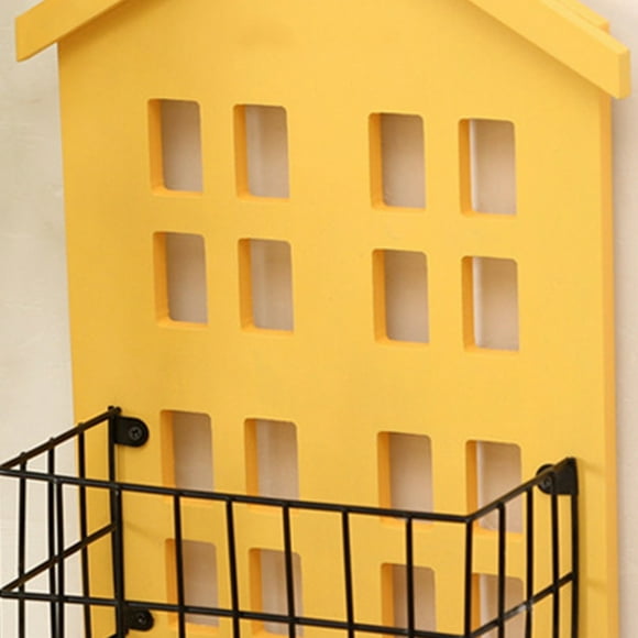 Wall Storage Shelves Hand Made Wood House Shape Wall Mounted Shelf for Bedroom Living Room Yellow