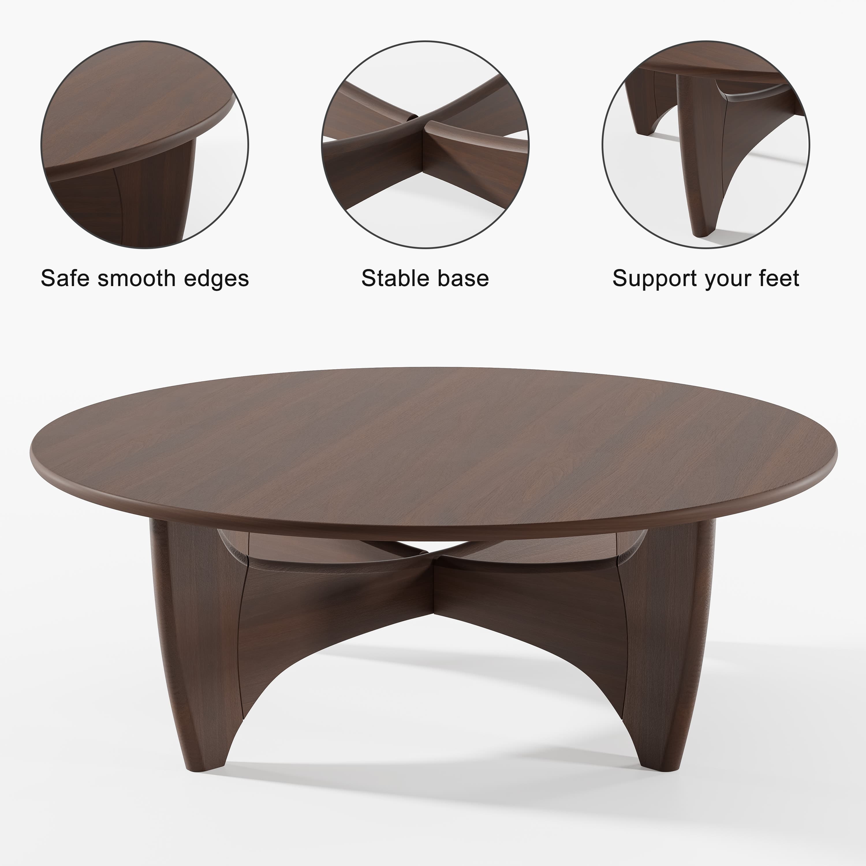 MAYEERTY 38"x38"x16" Solid Wood Coffee Table Round Coffee Table,Walnut