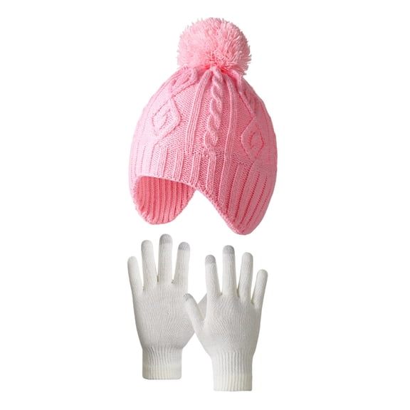 CPNG Toddler Glove Warm Knit Cap Set Kids Baby Winter Hats Thick Ski Cap with Earflap Fleece Lined Hat Warm Knitted Pom Pom Beanie Mittens Gloves for Girls Boys