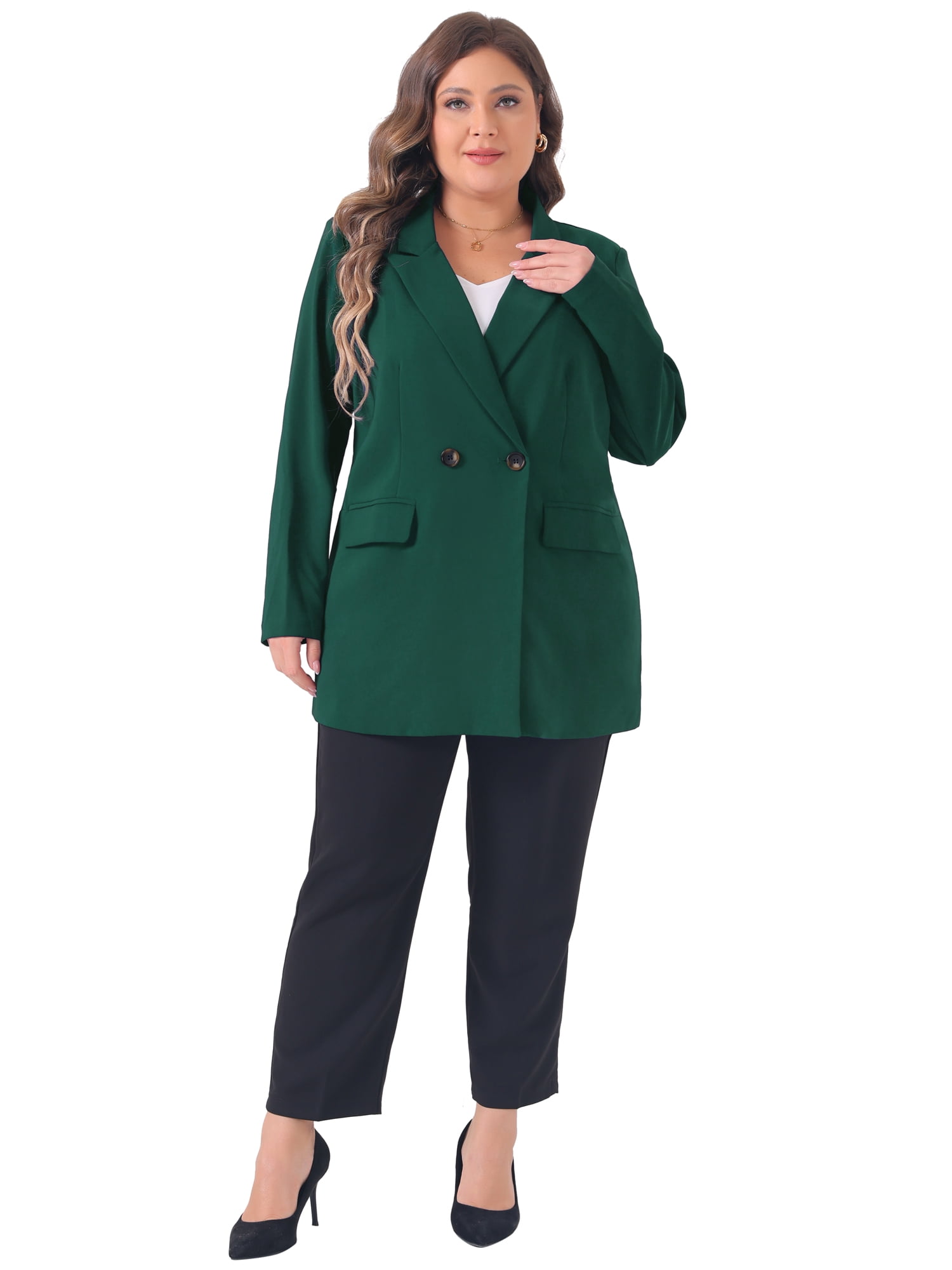 DARING DIVA Women's Plus Lapel Button with Pocket Jackets Long Blazer 2X Dark Green