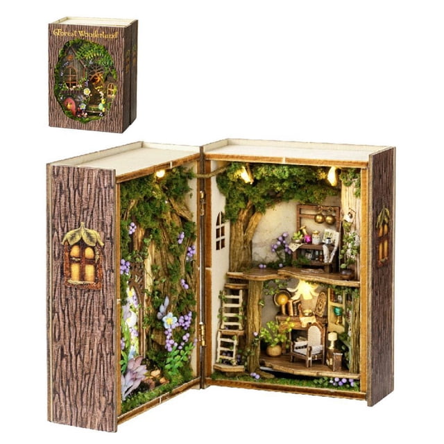3D Wooden Book Nook Kit, DIY Miniature House Model with LED Lights, Creative Bookshelf Insert Decor for Adults & Teens, Educational Craft