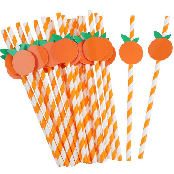 Vesici 100 Pcs Pailles en Papier Orange et Blanc à Rayures Mignonnes à Thème de Fruits Pailles Jetables pour Boisson pour Baby Shower Anniversaire Carnaval Déco d'Été