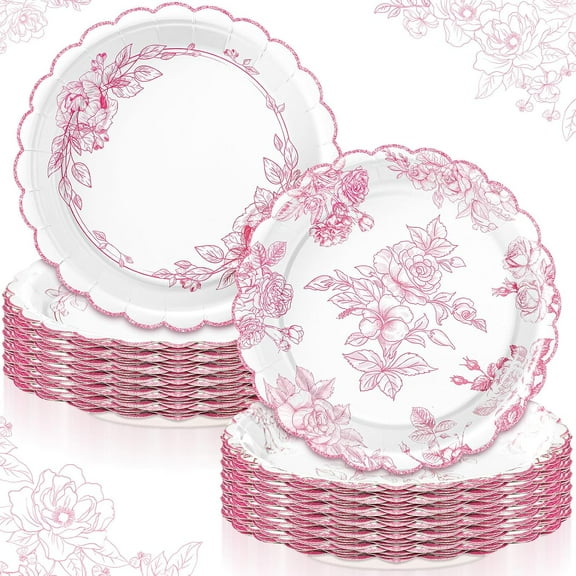 80 Pcs Sage Green Flower Paper Plates 7 Inches Vintage Floral Leaf Disposable Scalloped Wildflower Dessert Plates for Birthday Baby Shower Bridal Tea Party Supplies, 2 Styles