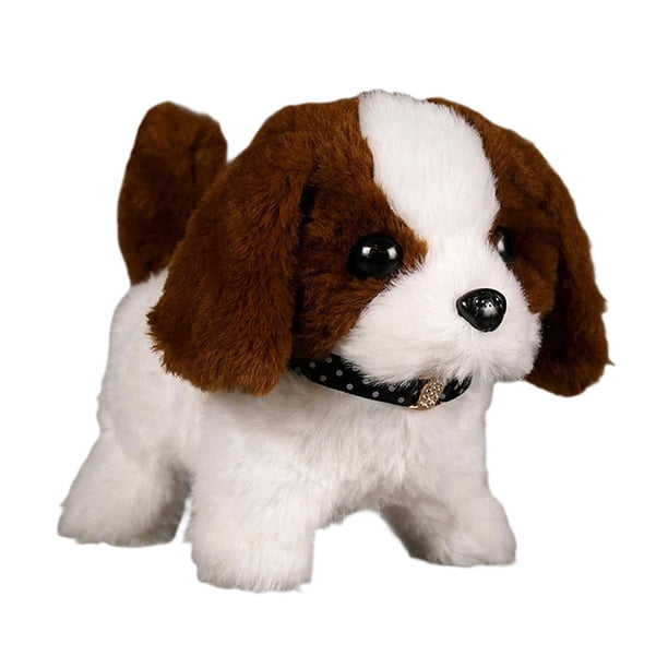 Peluche electrónico realista de cachorro que camina y emite sonidos. Animal de peluche animado. Marrón oscuro