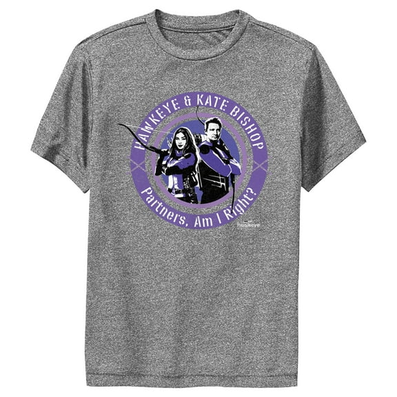 Boy's Marvel Hawkeye Partners, Am I Right? Stamp  Performance Graphic Tee Charcoal Heather Medium