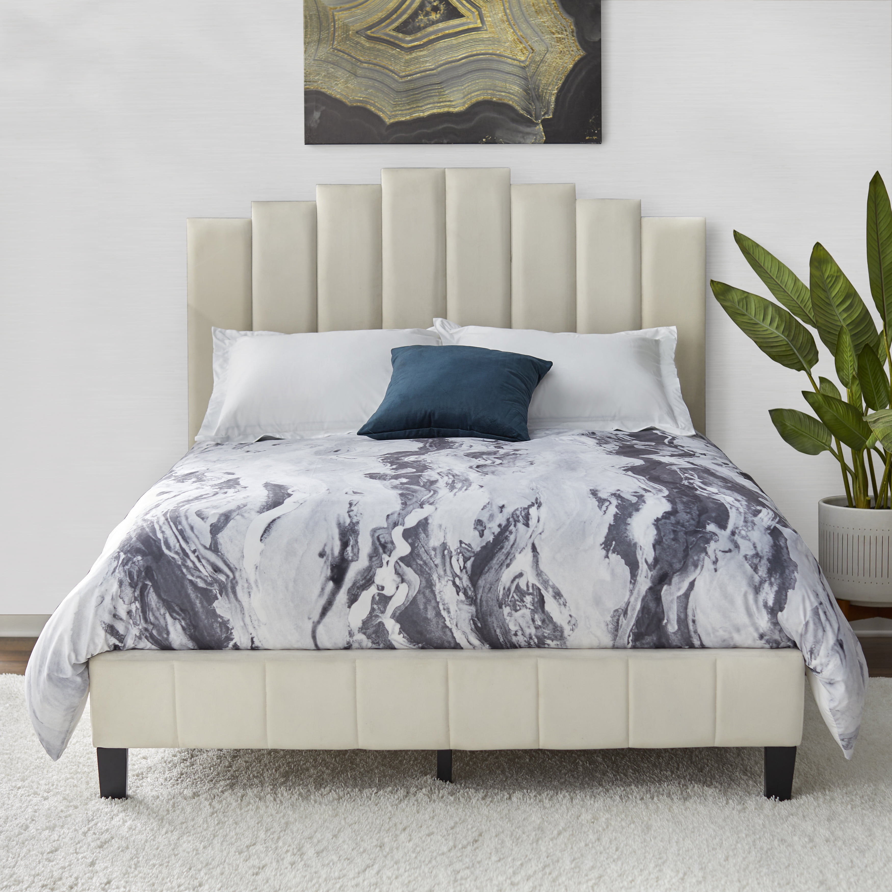 TMS Deco Modern King Velvet Panel Bed, Cream