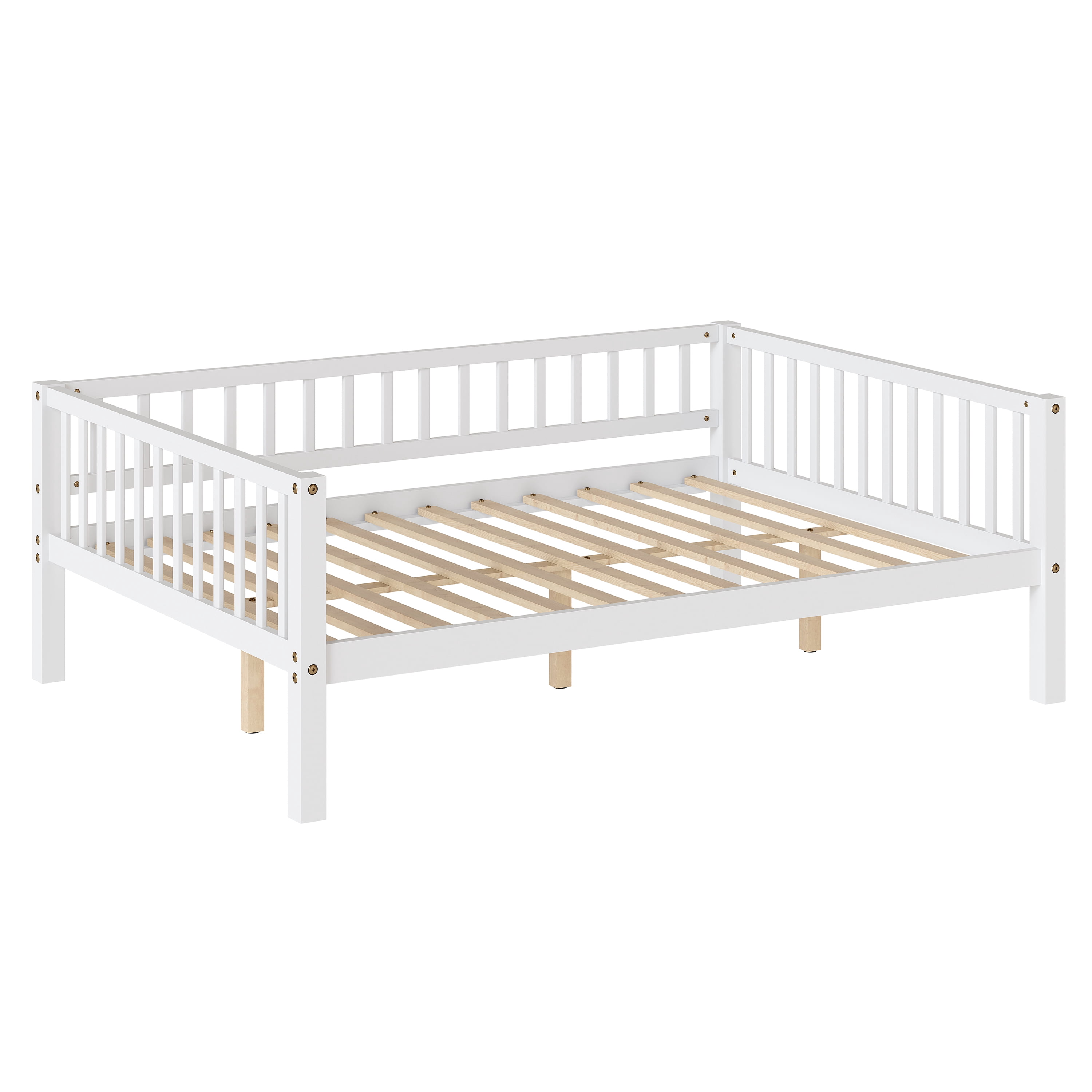 GARITIN Full Size Daybed, 3-Sided Vertical Slat Guardrail Bed Frame, Breathable Wooden Slat Support Leisure Bed for Kids Bedroom Guest Room, White