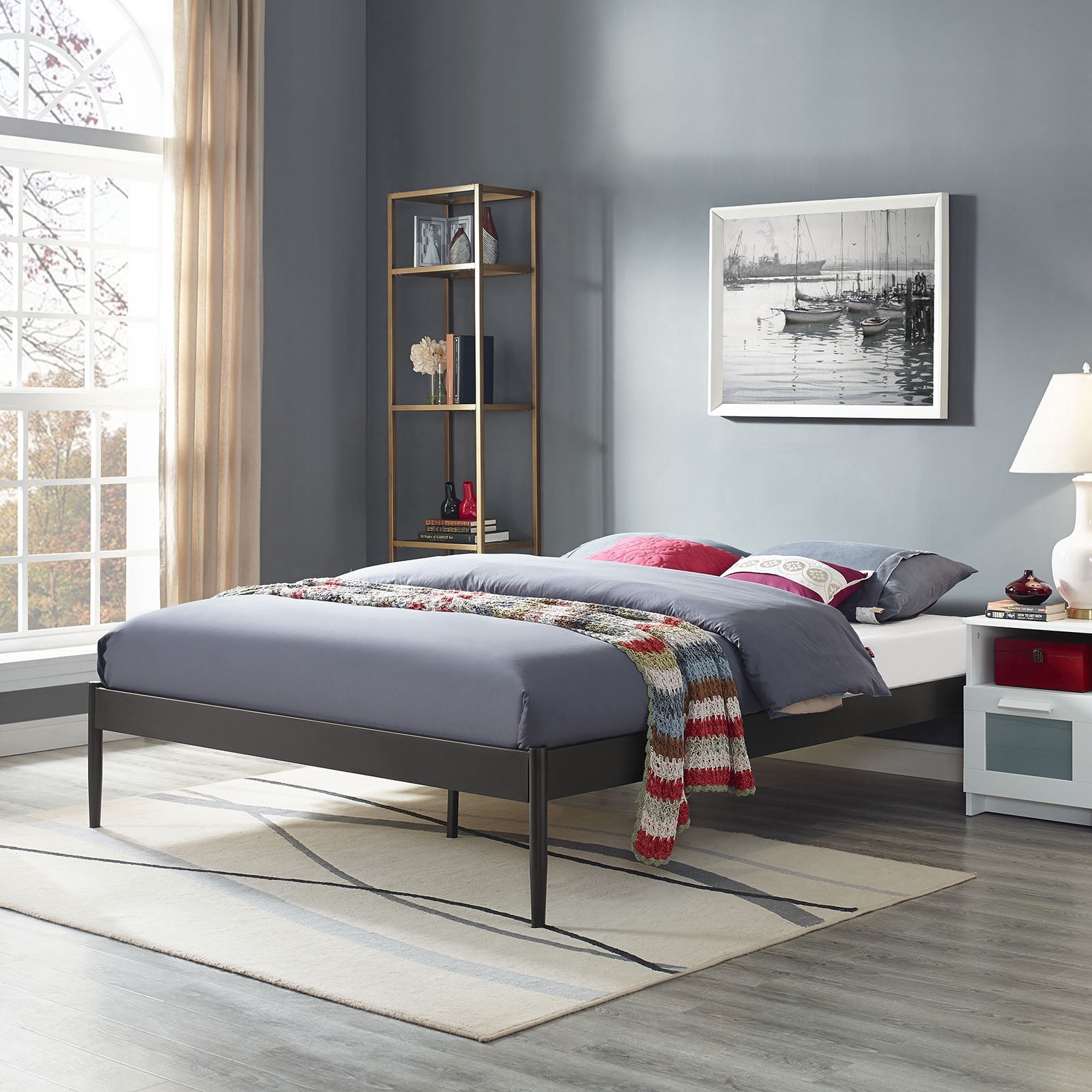 Modern Contemporary Urban Design Bedroom King Size Platform Bed Frame, Brown, Metal Steel