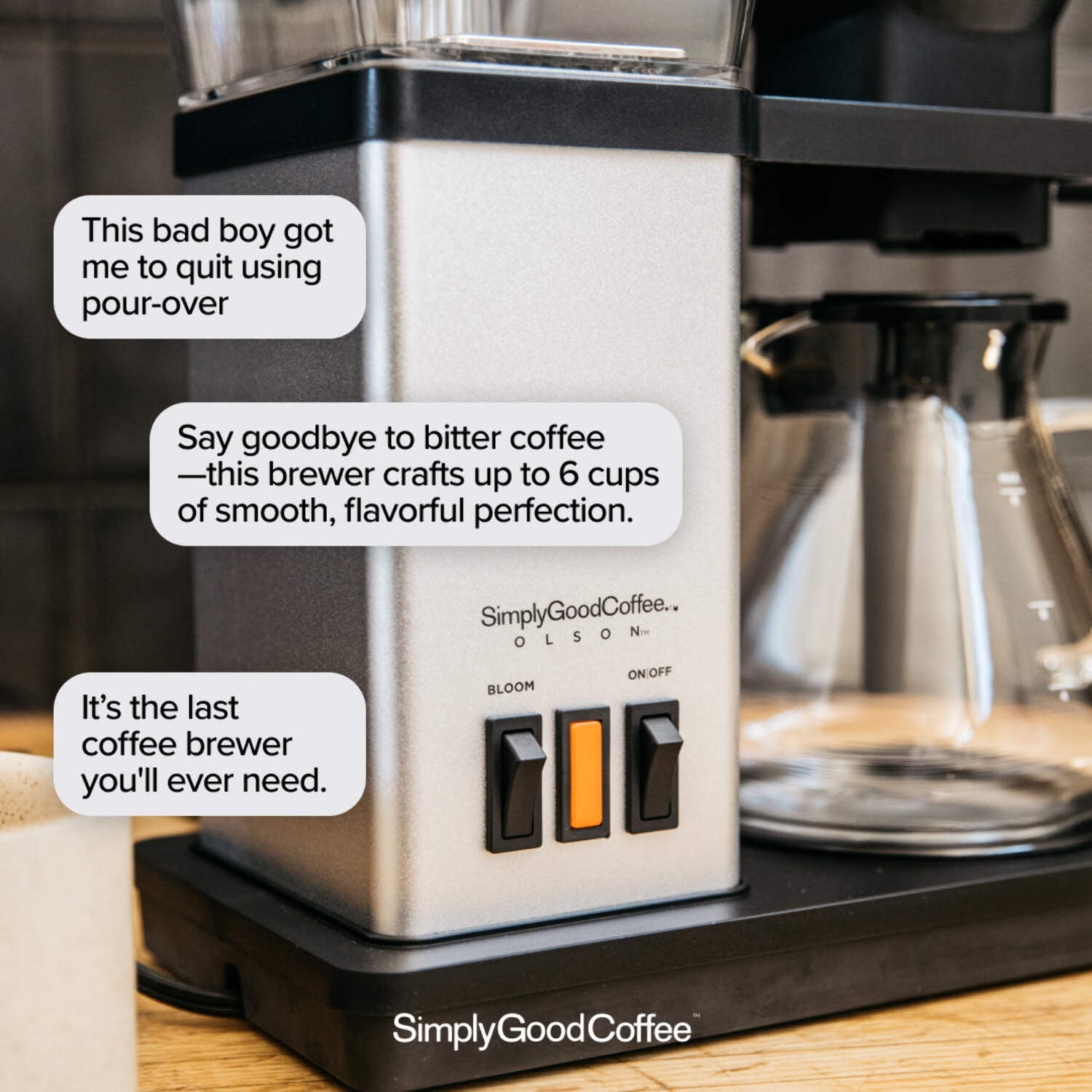 SimplyGoodCoffee Brewer - The best automatic drip coffee flavor possible at the flip of a switch