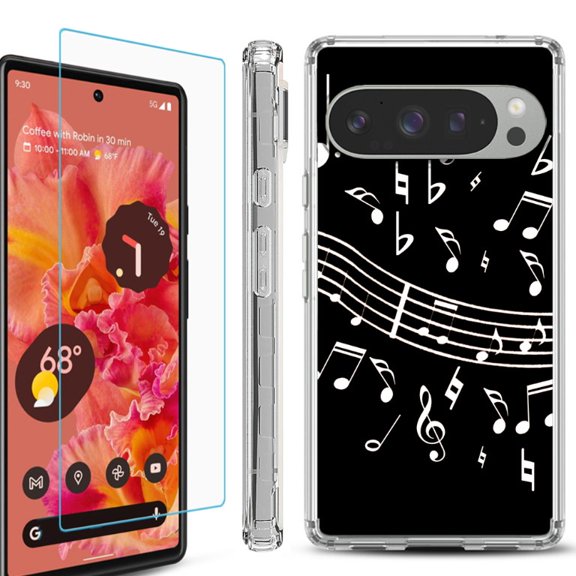 For Google Pixel 9 / 9 Pro Phone Case Cover, Shockproof Bumper Case with Tempered Glass Screen Protector, by OneToughShield - Music Notes / Black