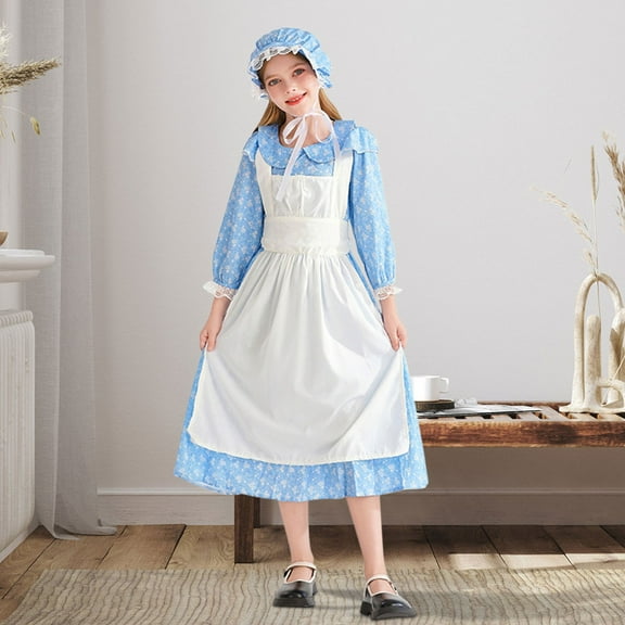 EnJoCho Pion𝖾er Prairie Dress Set for Girls 𝖢olonial Vintage 𝖥loral Dresses 1800s 𝖱enaissance Dress with Bonnet & Apron 3-15Y Old Fashioned
